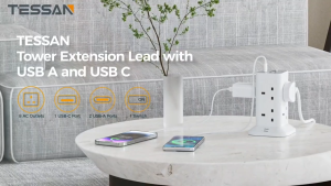 TESSAN - SG Safety Mark  Tower Extension Socket with USB Type C 2M or 3M Extension Cord Surge Protector Multi Plug