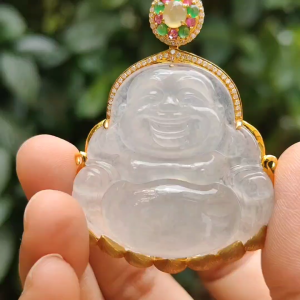 Premium Icy Translucent Natural Type A Jadeite Jade crafted as Milo Buddha set on 18k gold with diamonds as Pendant certificate weighs 26.07 grams measurement 38.8 * 40 * 7.2 mm (18kp41)
