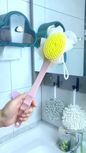 2 in1 Natural Loofah Body Scrub Brush Set Soft Bristles Curved Long Handle Bath Back Scrubber