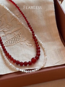 FEARLESS "Dotted Crimson Lips" Red Agate Necklace Beaded Necklace Natural Stone Handmade Beaded Collar Chain Female