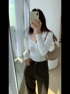 Long Sleeve Shirts Women Tight Stretch Slim Fit Ribbed Knit T-shirt Blouse
