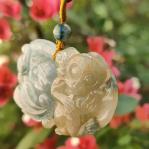 Light green and Yellow Natural Type A Jadeite Pendant a rare collection carved with Monkey Elephant and Ruyi symbols of Wisdom strength authority good luck and protection certificate included weigh 47.85 grams 55.7 * 36 * 13.8 mm (pendant74)