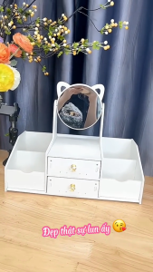 KỆ ĐỰNG ĐỒ TRANG ĐIỂM MỸ PHẨM TRANG SỨC  ĐỒ DÙNG CÁ NHÂN NHIỀU NGĂN KÈM GƯƠNG TAI MÈO DỄ THƯƠNG