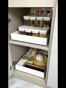 ODOROKU 25/30/35/40cm Width Kitchen Pull Out Drawer Basket Pull Out Cabinet Organizer Fixed With Adhesive Nano Film Heavy Duty Storage and Organization Slide Out Pantry Shelves Sliding Drawer Pantry Shelf for Kitchen Bowl and Dish Cabinet