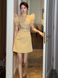 ZYHT EraVogue เดรสผู้หญิง เดรสสีเหลือง เดรสแขนกุด เดรสผ้าเลื่อม เดรสทำงาน เดรสไฮโซ เดรสวินเทจ เดรสออกงาน เดรสปาร์ตี้ ชุดราตรี 50989