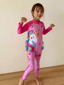 Pomely [COD&Local] 2Pcs Kids Girls Rash Guard Swimsuit Jumpsuits Cartoon Print Zipper Long Sleeve Sun Protection Bathing Suit with Swim Cap Sets