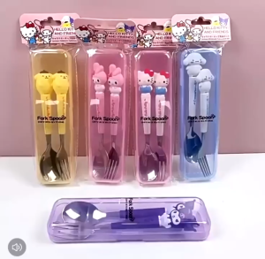 Terbaru Alat Makan Sendok Garpu Sanrio Stainless Steel Cinnamoroll Kuromi Lengkap dengan Box