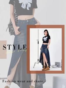 MANNASU Irregular Hot Girl A-line Denim Skirt: Water Washing Design & New Retro Style