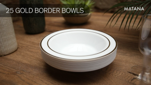 CABANI Plastic Bowls for Parties in White with Gold Rims 19cm (12oz) Reusable Sturdy Soup Salad Bowl Dessert & Ice Cream Bowl Mangkuk Sup Plastik