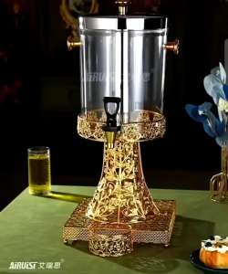 โถจ่ายน้ำหวาน 8ลิตร ทาวเวอร์ใส่น้ำผลไม้ ฐานเหล็กสีทอง พร้อมที่วางแก้ว มีพร้อมส่ง