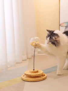 Pet Toys Solid Wood Spring Rotating Catnip Ball Set Cat Leaking Food Ball  Teasing Cat Toys