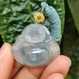 Old Pit Icy Bluish Green Natural Type A Jadeite Pendant Necklace crafted as Laughing Buddha with certificate weigh 13.48 grams 27.7 * 31.6 * 7.2 mm (pendant162)