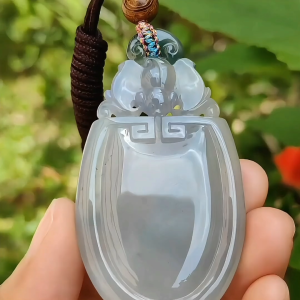 Green and Lavender Icy Translucent Crafted with Bat and Chinese Old School Patterns Natural Type A Jadeite with certificate included weigh 30.17 grams 63.3 * 35.5 * 7 mm suitable for daily wear or collections