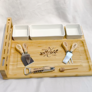 PREMIUM GIFT Personalized Gift Engrave Bamboo Board Charcuterie Platter Valentines Day Black Slate Round Cheese Tags Cheese Board Cheeseboard Grazing with FREE Honey Stick Birthday Corporate Party Gift Set Cheese and Wine Couple Gifts Mom Dad Giveaways