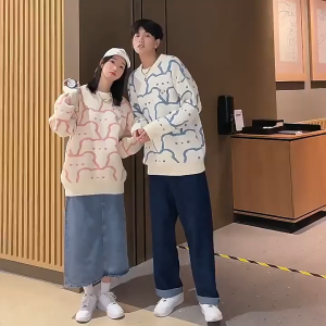 Pullover Sweater Pasangan Memakai Beruang Lucu Pria Dan Wanita Rajutan Jepang Sweater Longgar Leher Bulat Top