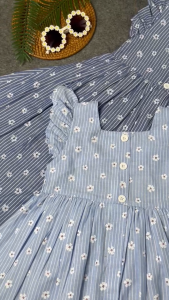Leia - 48 Stripes Flowery Dress / Dress Motif Salur Bunga Anak Perempuan Usia 3-7 Tahun