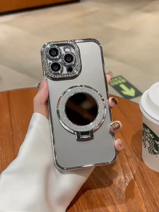 Luxury Glitter Mirror Magnetic Bracket Clear Phone Case for Iphone 15 Pro Max 14 13 12 Shiny Diamond Plating Casing with Lens Film