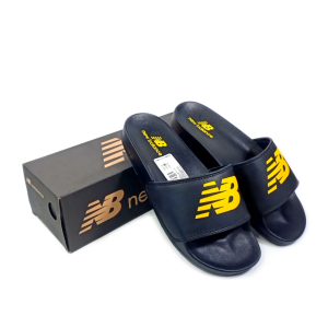 Sandal Slide Casual New Balance pria wanita tipe selop slip on warna hitam list kuning grade premium