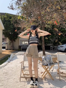 Jeans Pinggang Tinggi Wanita Musim Panas Pakaian Kerja Retro Celana Pendek A-line Lurus Denim