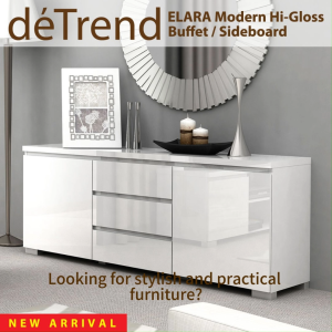 deTrend White Buffet sideboard 63 Inch High Gloss Home Storage Sideboard with 2 Doors and 3 Drawers Furniture Cabinet Almari Dapur- 橱柜5344