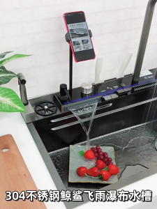 Digital Display Stainless Kitchen Sink heavy duty lababo kitchen sink Waterfall with Honeycomb Embossed Booster Faucet Large Countertop Basin