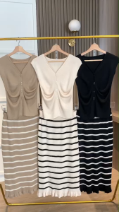 SET7318 Jesi Drapery Vest w/ Striped Skirt Set