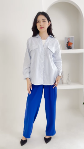 QUEENTIN Blouse Wanita Casual 0652 Katun Polymicro Motif Salur Lengan Panjang