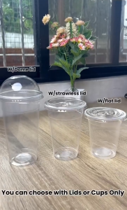 ✨CHEAPEST✨50pcs Plastic PP Flat Cup with Lid SET! 12oz / 16oz PP Clear Cup with \" Dome Lid \" 95mm for Milktea Cold Drinks、Disposable cup