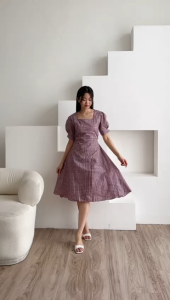 One fashion id COD + GRATIS ONGKIR  Dres  wanita lengan puff  / Dres kotak kotak  / Dres korean style  / Dres wanita  / Dres  korean style / Dres wanita  smock  / Korean dres sleeve square  lengan pendek  /   / Dres wanita  premium