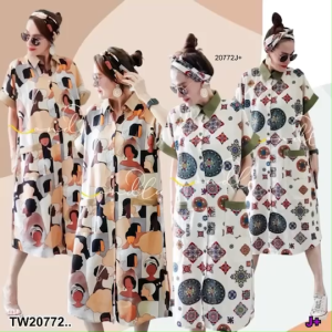 TW20772  dress คอปกเซิ้ต แขนเบิ้ล แต่งเล่นสี ..