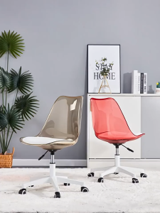 เก้าอี้ล้อเลื่อน เก้าอี้สำนักงาน นั่งเล่นคอมพิวเตอร์หรือนั่งพักผ่อนได้ มีล้อหมุนได้ 360 องศา สามารถปรับขึ้นลงได้ ที่พิงด้านหลังเป็นสีใส