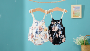 [Local Delivery] Baby Girl Floral Print Suspender Jumpsuits Fashion Round Neck Bow Lace-Up Triangle Romper