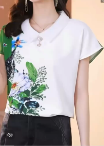 Fashion Casual Blouses Women V-Neck Flower Shirts Summer Short Sleeve Loose Tops Shirt