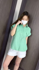 Irina Linen Pocket Shirt Pendek - Kemeja Lengan Pendek Wanita - Baju Atasan Oversize Kancing Hidup