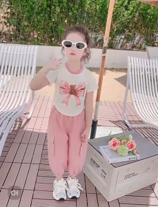 Setelan anak Perempuan Import lengan pendek + celana Set merah muda Bear kecil Premium Bahan Kaos