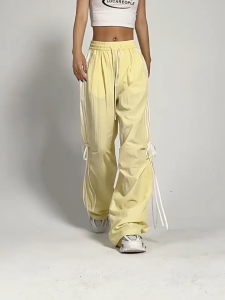 กางเกงเอี๊ยมผู้หญิงฤดูร้อน 2024 ใหม่ เอวสูง ขากว้าง ลำลอง สตรีทแดนซ์ สไตล์อเมริกัน กางเกงกีฬาแห้งเร็ว