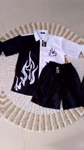 KIYOO - Setelan Kemeja Pria Fire M-L XL XXL Satu Set Kemeja & Celana Pendek Polos Kekinian