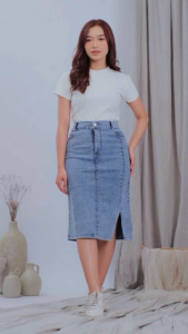 Rok Jeans Wanita Span 7/8 Belah Samping Highwaist Korean Pinggang Karet Kekinian Denim Termurah Midi
