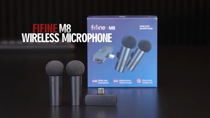 FIFINE M8 Wireless Lavalier Lapel Microphone System for Phones/Tablets,  Cordless Condenser Omnidirectional Clip-on Mic, USB C Receiver, for 