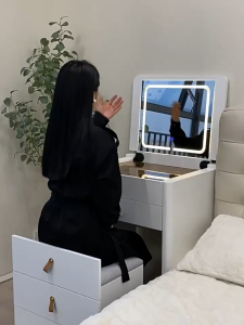 Modern Smart Dressing Table with LED Lights Mirror Household Bedroom Flip Dresser Table Multifunctional and Multiple Drawers Foldable Makeup Table