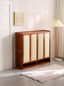 Bamboo Shoe Cabinet Door With Cover Rattan Large Capacity Shoe Rack Wooden Organizer 7 Layers