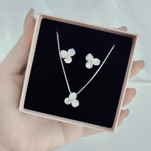 SO SEOUL Glimmering Petal Austrian Crystal Pierced Stud Earrings with Pendant Chain Necklace Jewelry Gift Set