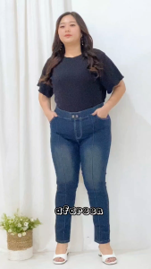 AFAREEN - Jeans Wanita Jumbo Stretch Jeans Whisker Garis Tulang Celana Jeans Pinggang Karet Size 35-43