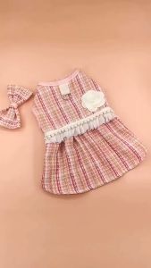 【Trusted】 Whisker Pet Cat Princess Style Costume Checkered Plaid Skirt Dog Gown Dress for Birthday Party Corsage Pearl Lace Decor Dog Dress for Shih Tzu Teddy