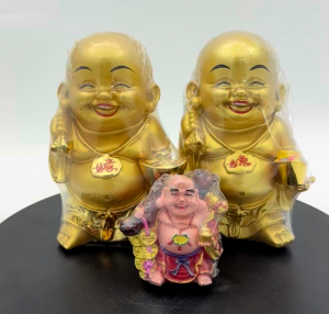 CHOP TAN LAM HIN 2-Inch Standing Money Buddha/6-Inch Laughing Buddha With Gold Plating  陈南兴/2寸站金钱佛红彩衣/6寸笑佛镀金