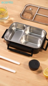 【2.0 anti tumpah】ecentio lunch box stainless 800ml sekat 3 dengan sendok sumpit free kotak sauce kecil