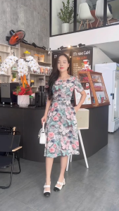 Đầm xòe họa tiết hoa bướm cổ khoét đính nút tay hơi phồng có túi Misa - MS0320 (Hình thật shop chụp)