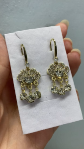 Silver Longevity Lock Earring Diamond Long Elegant Crystal Earring Dinner Subang Wanita Kristal 现货韩国超闪水钻平安锁耳环耳钉