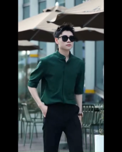 Shirt Men 7/4 Sleeve Korean Style Fashion Stand-up Collar Formal Ice Silk Top Smart Casual Wear Kemeja Lelaki Plain Slim Fit Trend Button Up Baju Lelaki