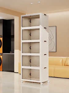 【SG Stock】Folding Cabinet Storage Box Transparent Double Door Stackable storage Box cabinet Attached universal wheel
